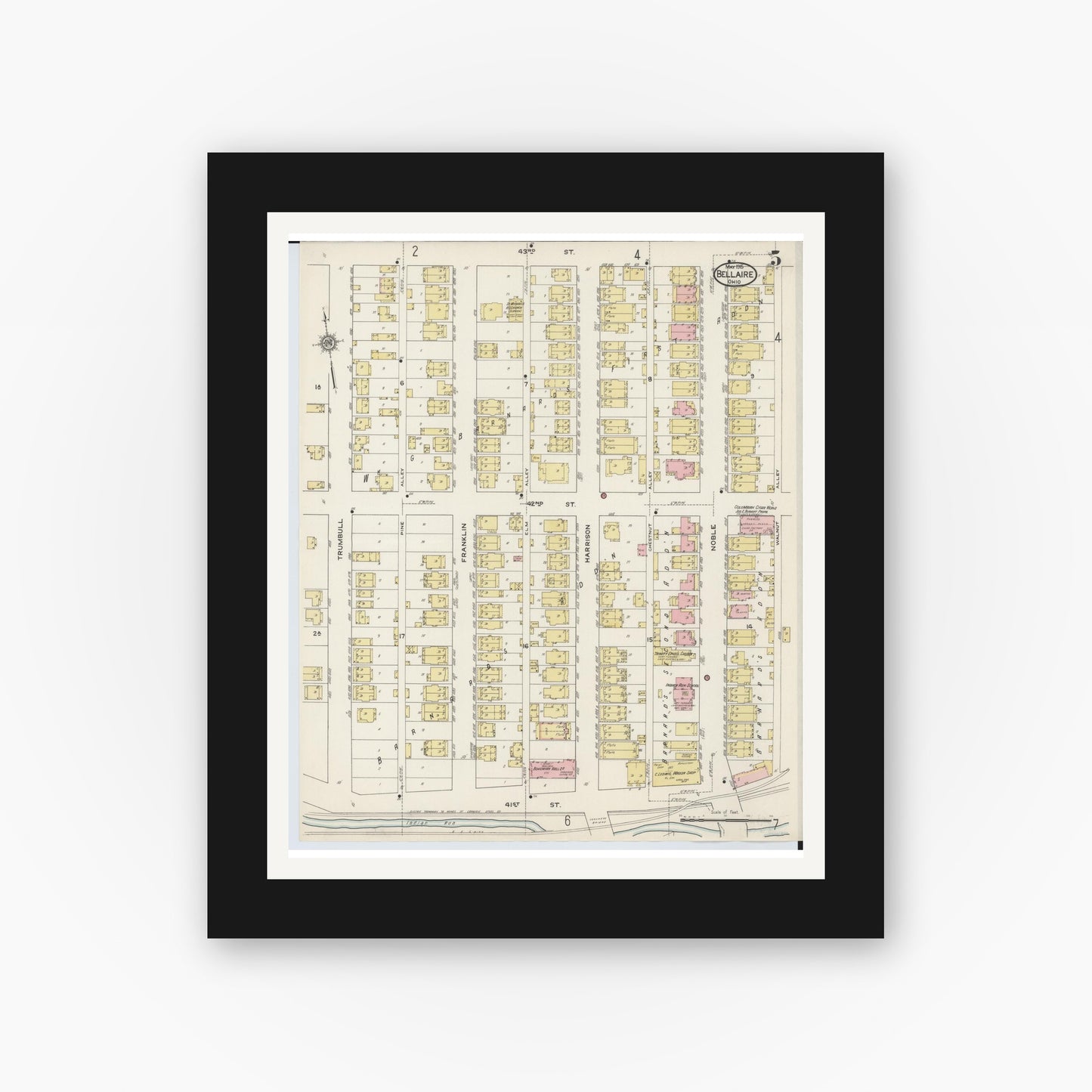 Old map wall art mockup — black gallery frame with white mat — Sanborn Fire Insurance Map from Bellaire, Belmont County, Ohio (1915), Sheet #0005