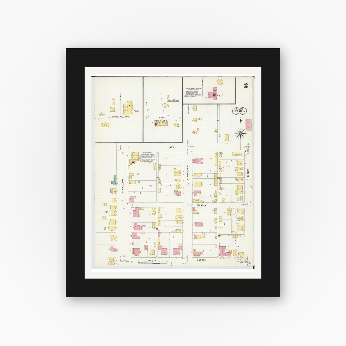 Old map wall art mockup — black gallery frame with white mat — Sanborn Fire Insurance Map from Lebanon, Warren County, Ohio (1907), Sheet #0002