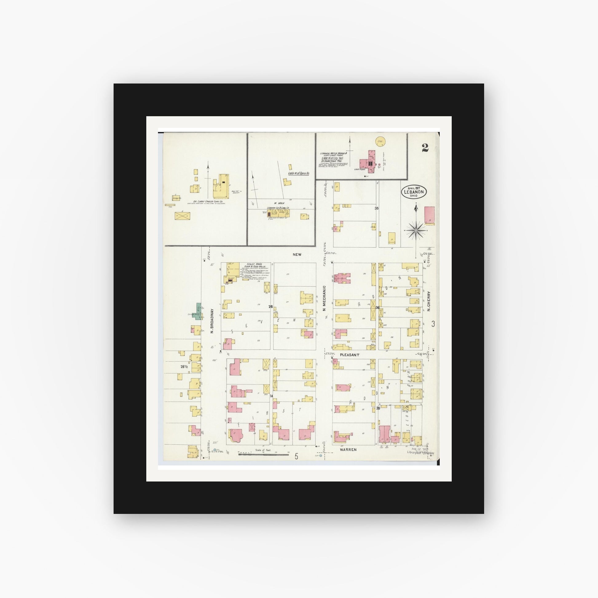 Old map wall art mockup — black gallery frame with white mat — Sanborn Fire Insurance Map from Lebanon, Warren County, Ohio (1907), Sheet #0002