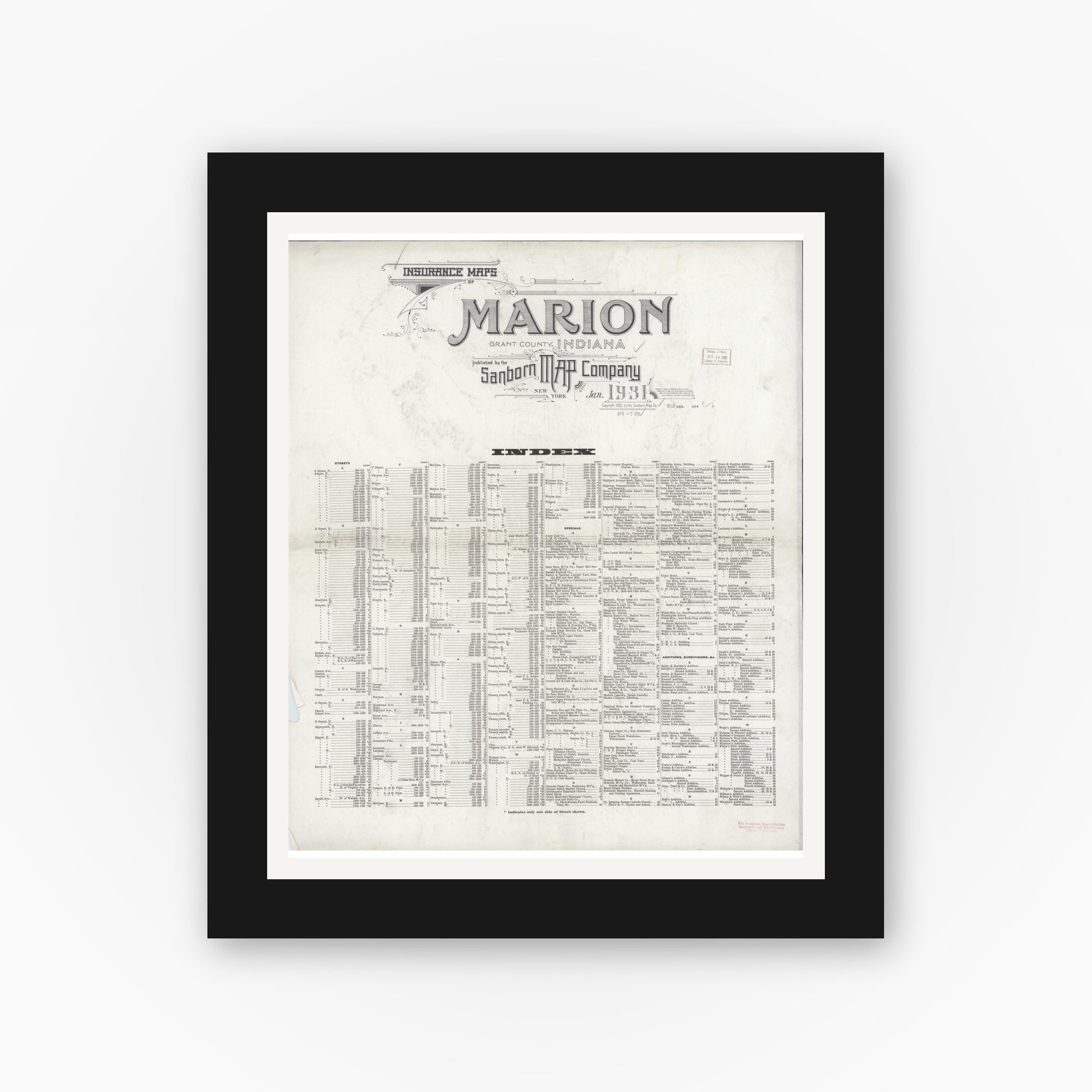 Old map wall art mockup — black gallery frame with white mat — Sanborn Fire Insurance Map from Marion, Grant County, Indiana (1931), Sheet #0001