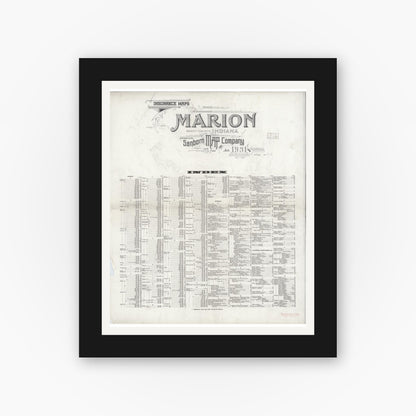 Old map wall art mockup — black gallery frame with white mat — Sanborn Fire Insurance Map from Marion, Grant County, Indiana (1931), Sheet #0001