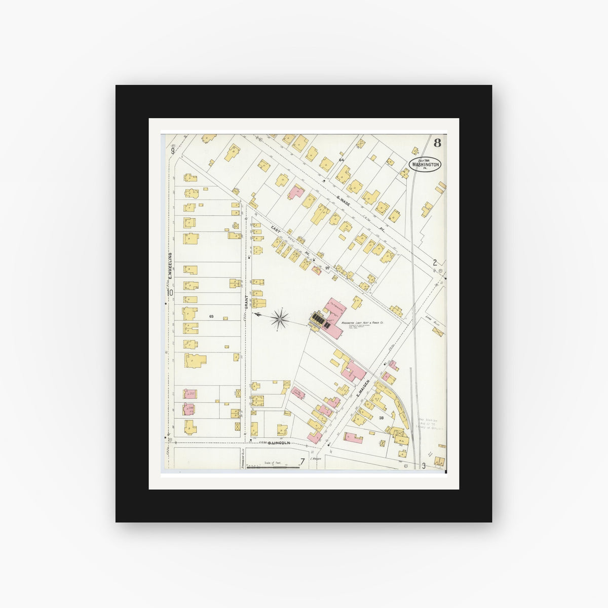 Old map wall art mockup — black gallery frame with white mat — Sanborn Fire Insurance Map from Washington, Washington County, Pennsylvania (1904), Sheet #0008