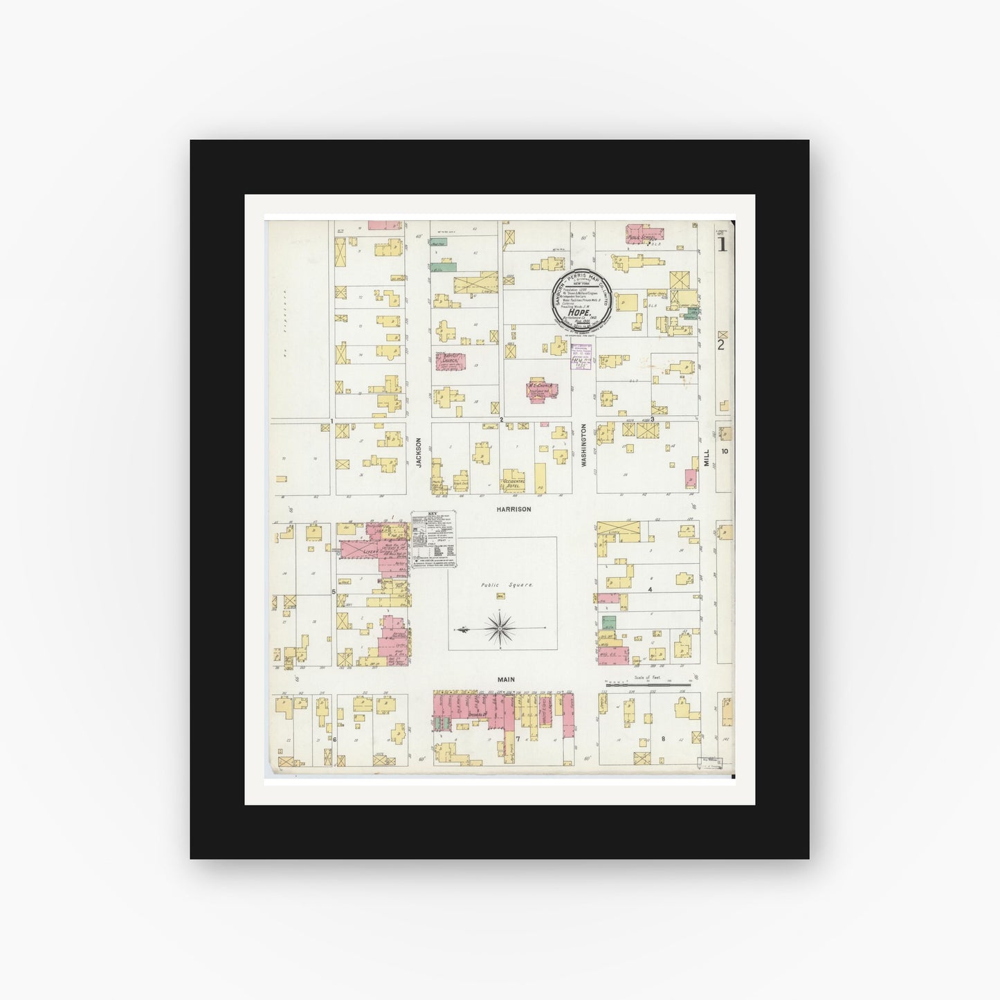 Old map wall art mockup — black gallery frame with white mat — Sanborn Fire Insurance Map from Hope, Bartholomew County, Indiana (1901) - Complete Map Set