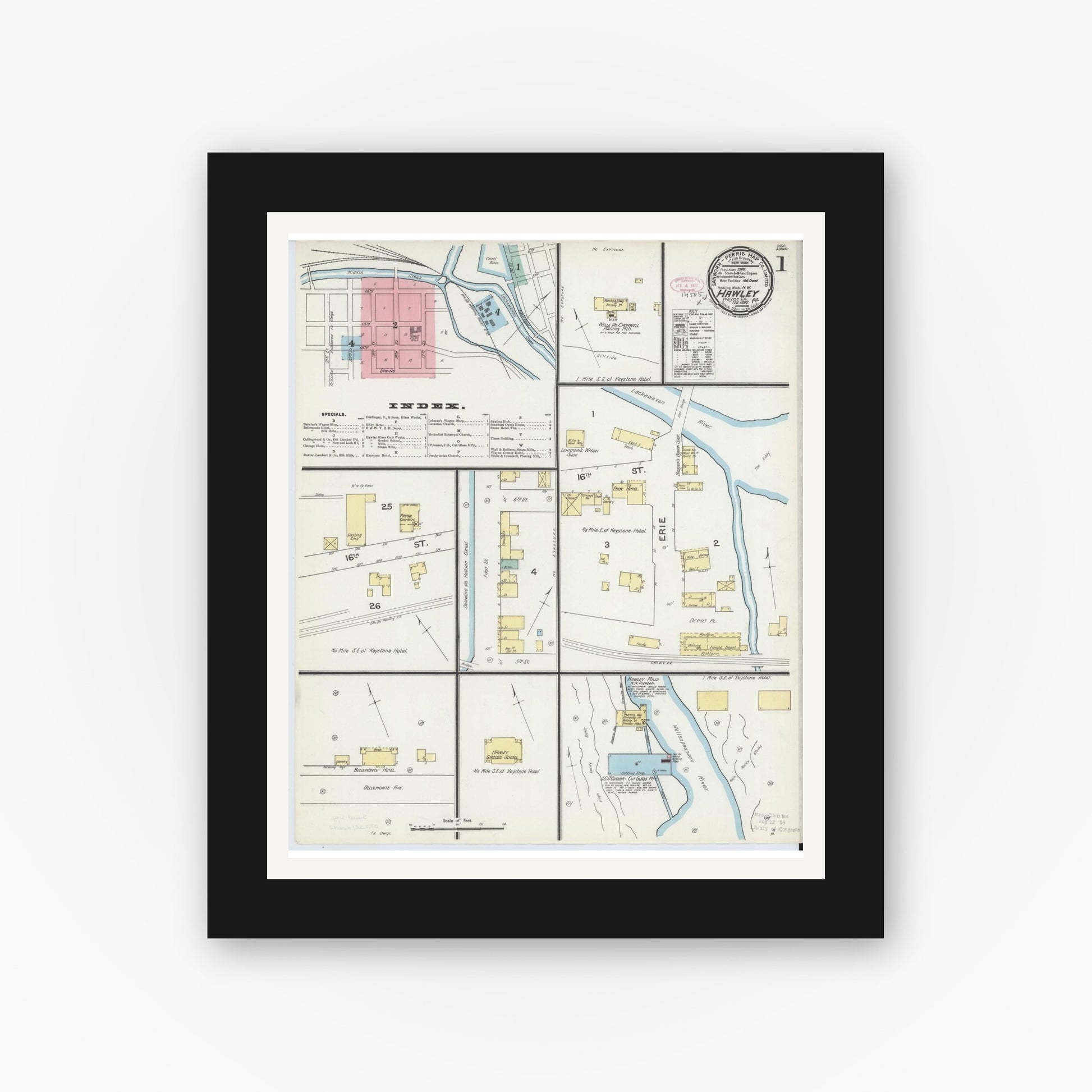 Old map wall art mockup — black gallery frame with white mat — Sanborn Fire Insurance Map from Hawley, Wayne County, Pennsylvania (1892), Sheet #0001