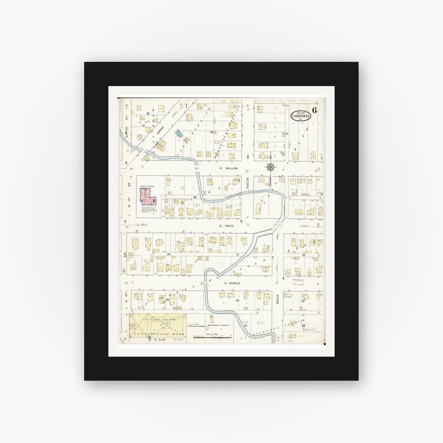 Old map wall art mockup — black gallery frame with white mat — Sanborn Fire Insurance Map from Cherokee, Cherokee County, Iowa (1914), Sheet #0006