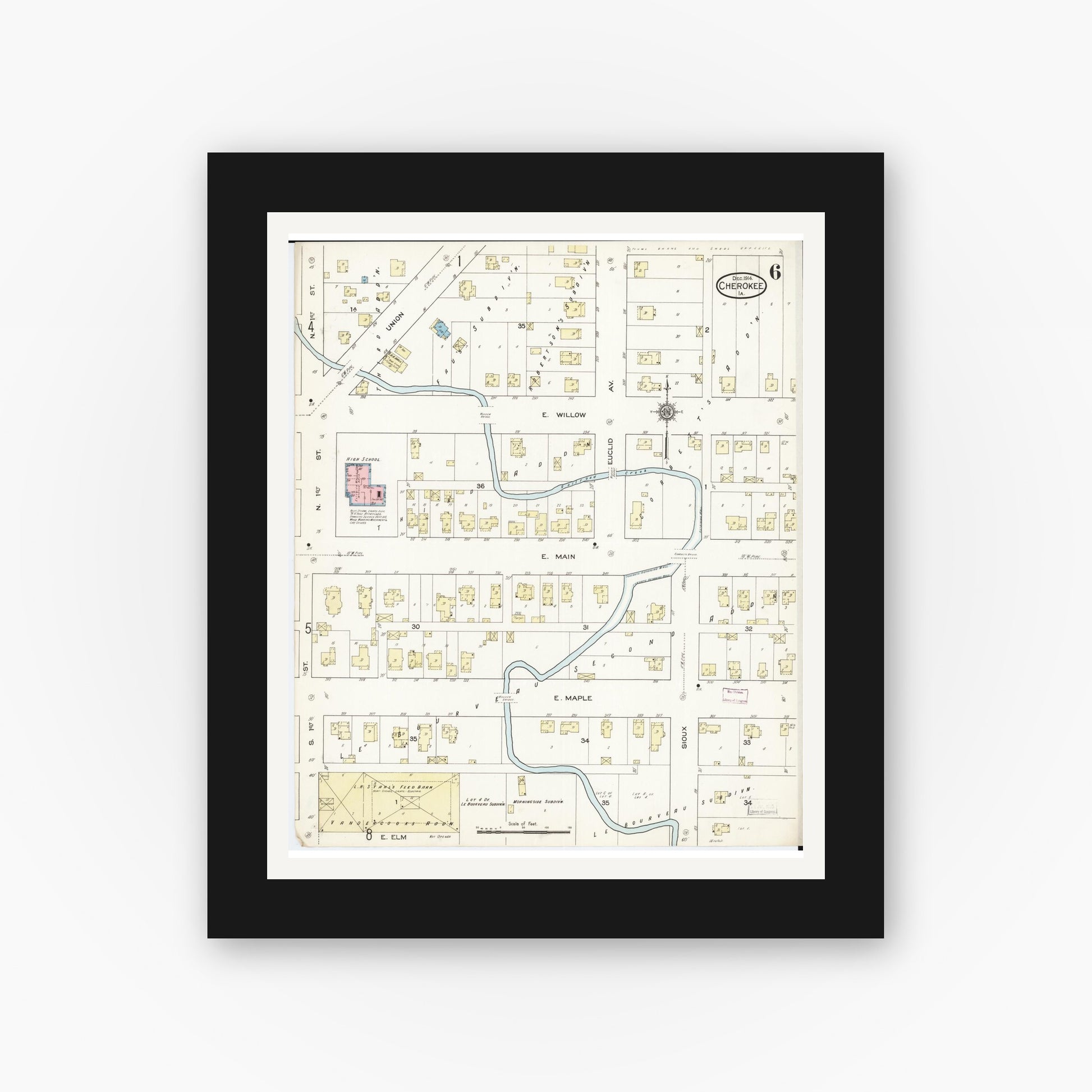 Old map wall art mockup — black gallery frame with white mat — Sanborn Fire Insurance Map from Cherokee, Cherokee County, Iowa (1914), Sheet #0006