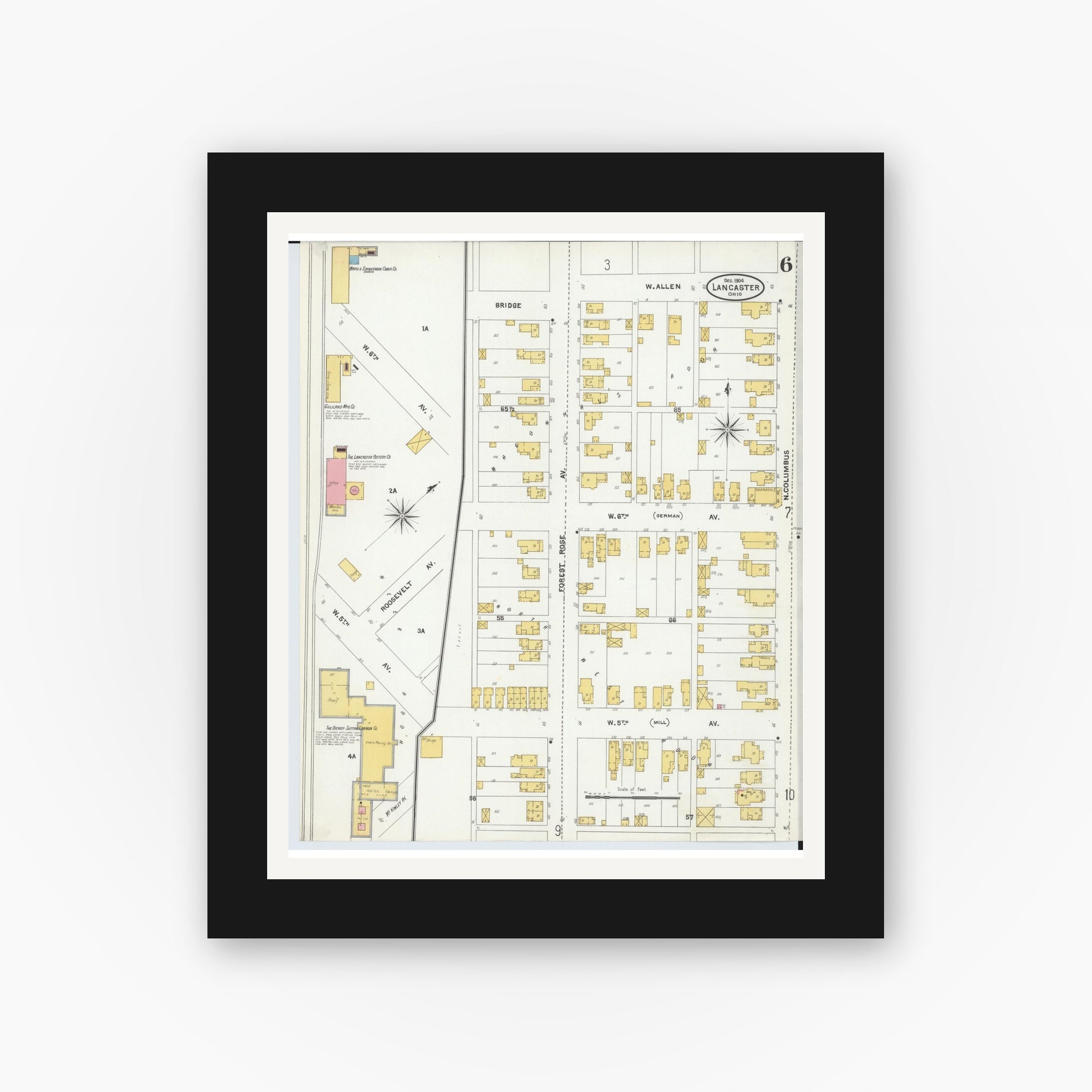 Old map wall art mockup — black gallery frame with white mat — Sanborn Fire Insurance Map from Lancaster, Fairfield County, Ohio (1904), Sheet #0006