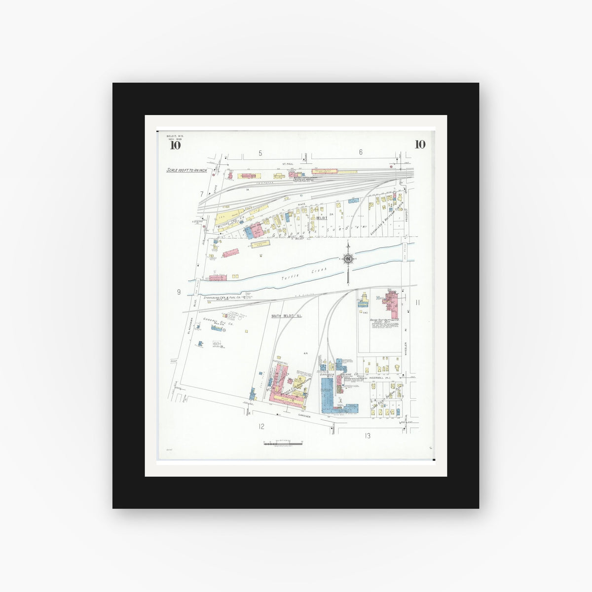 Old map wall art mockup — black gallery frame with white mat — Sanborn Fire Insurance Map from Beloit, Rock County, Wisconsin (1939), Sheet #0010