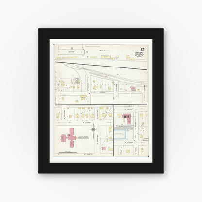 Old map wall art mockup — black gallery frame with white mat — Sanborn Fire Insurance Map from Nevada, Vernon County, Missouri (1914), Sheet #0015