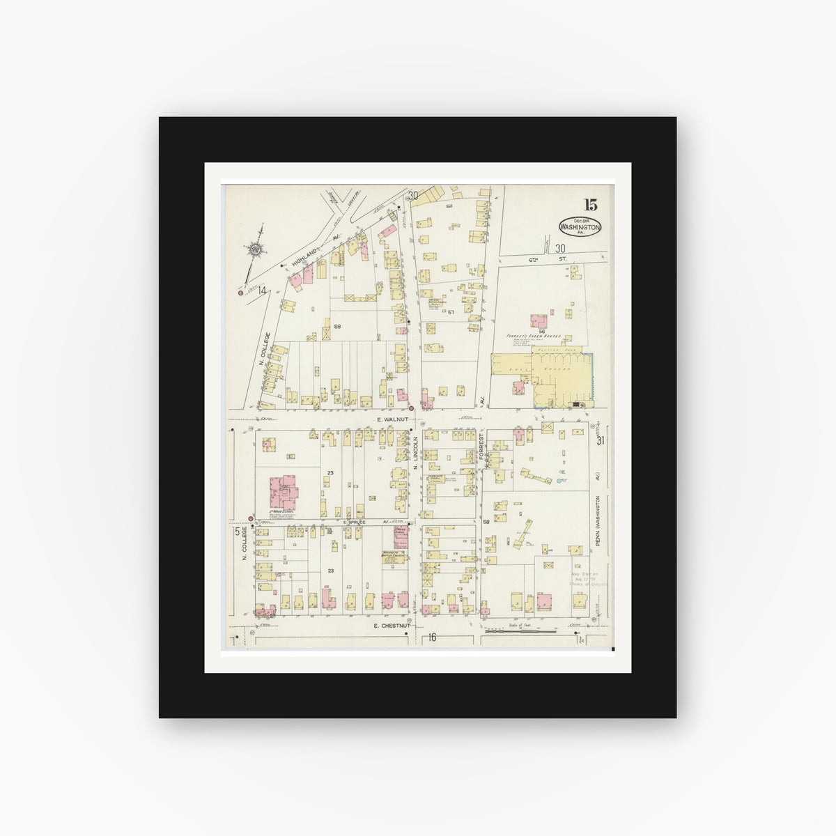 Old map wall art mockup — black gallery frame with white mat — Sanborn Fire Insurance Map from Washington, Washington County, Pennsylvania (1914), Sheet #0015
