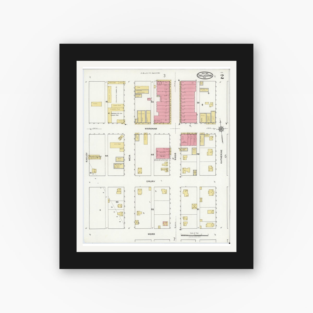 Old map wall art mockup — black gallery frame with white mat — Sanborn Fire Insurance Map from Chillicothe, Hardeman County, Texas (1921), Sheet #0002