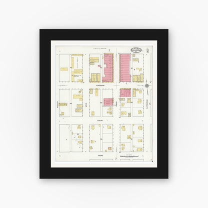 Old map wall art mockup — black gallery frame with white mat — Sanborn Fire Insurance Map from Chillicothe, Hardeman County, Texas (1921), Sheet #0002