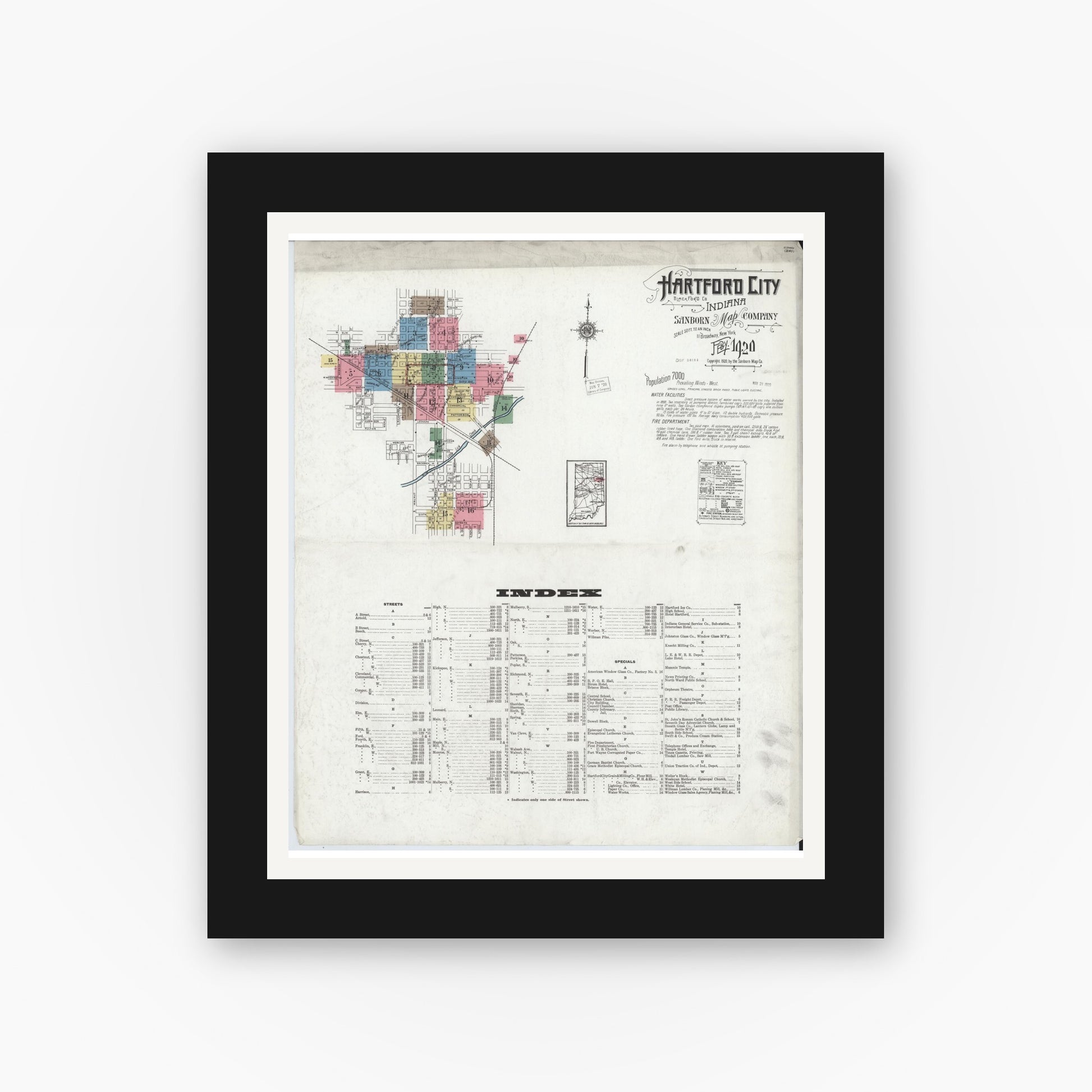 Old map wall art mockup — black gallery frame with white mat — Sanborn Fire Insurance Map from Hartford City, Blackford County, Indiana (1920) - Complete Map Set