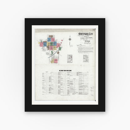 Old map wall art mockup — black gallery frame with white mat — Sanborn Fire Insurance Map from Hartford City, Blackford County, Indiana (1920) - Complete Map Set