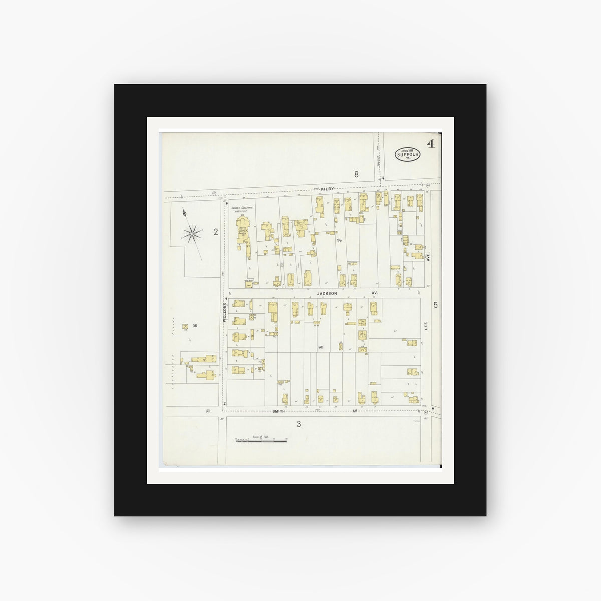 Old map wall art mockup — black gallery frame with white mat — Sanborn Fire Insurance Map from Suffolk, Independent Cities, Virginia (1898), Sheet #0004