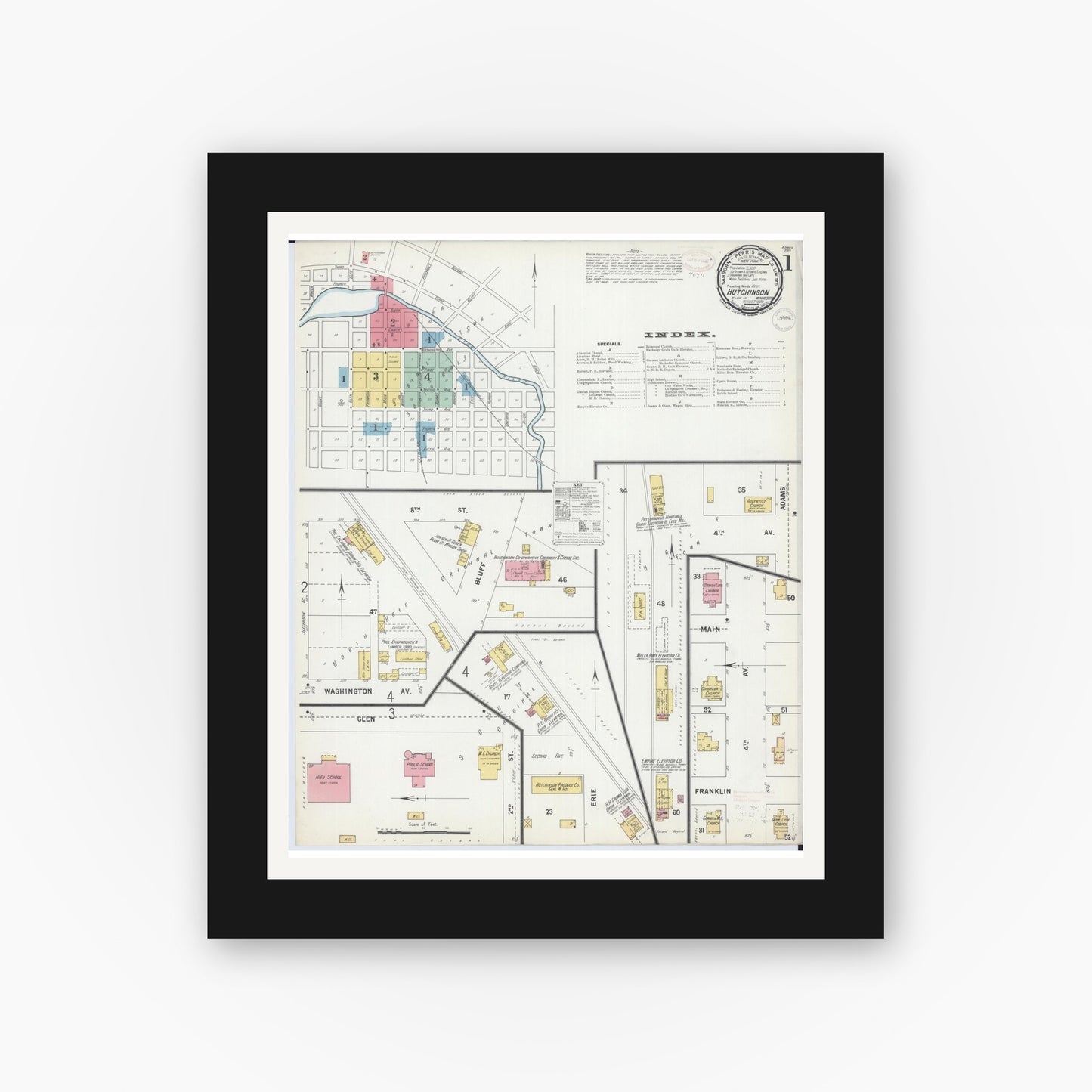 Old map wall art mockup — black gallery frame with white mat — Sanborn Fire Insurance Map from Hutchinson, Mcleod County, Minnesota (1899) - Complete Map Set