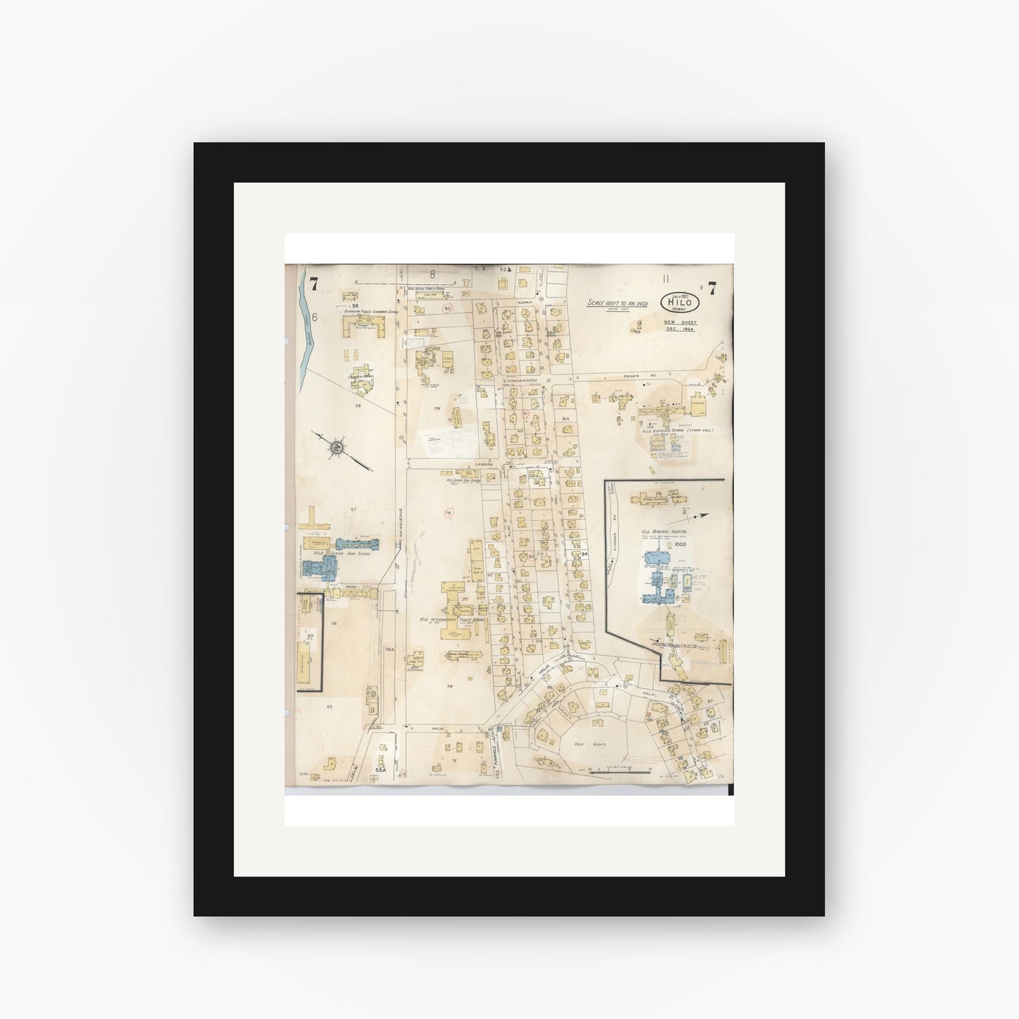 Old map wall art mockup — black gallery frame with white mat — Sanborn Fire Insurance Map from Hilo, Hawaii County, Hawaii (1957), Sheet #0007