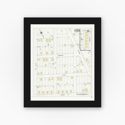 Old map wall art mockup — black gallery frame with white mat — Sanborn Fire Insurance Map from Ranger, Eastland County, Texas (1920), Sheet #0015