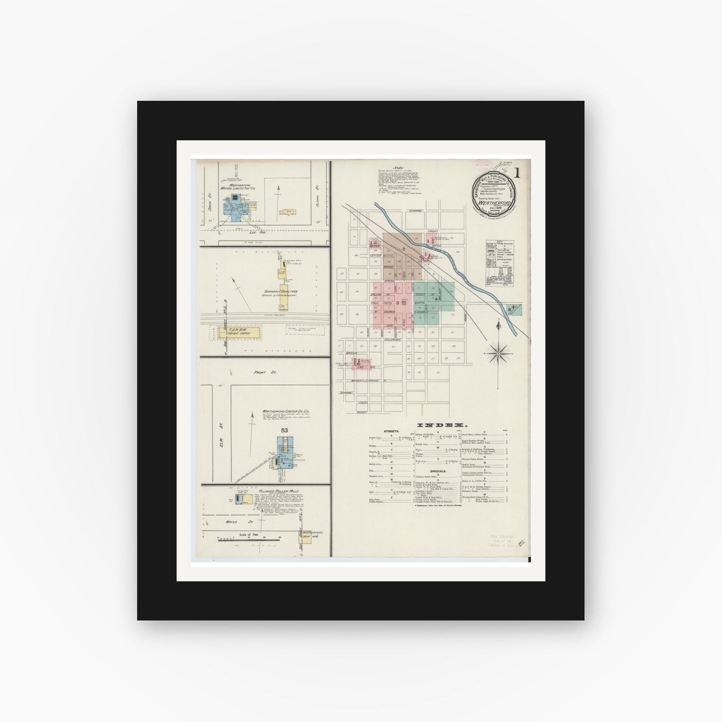 Old map wall art mockup — black gallery frame with white mat — Sanborn Fire Insurance Map from Weatherford, Parker County, Texas (1889), Sheet #0001