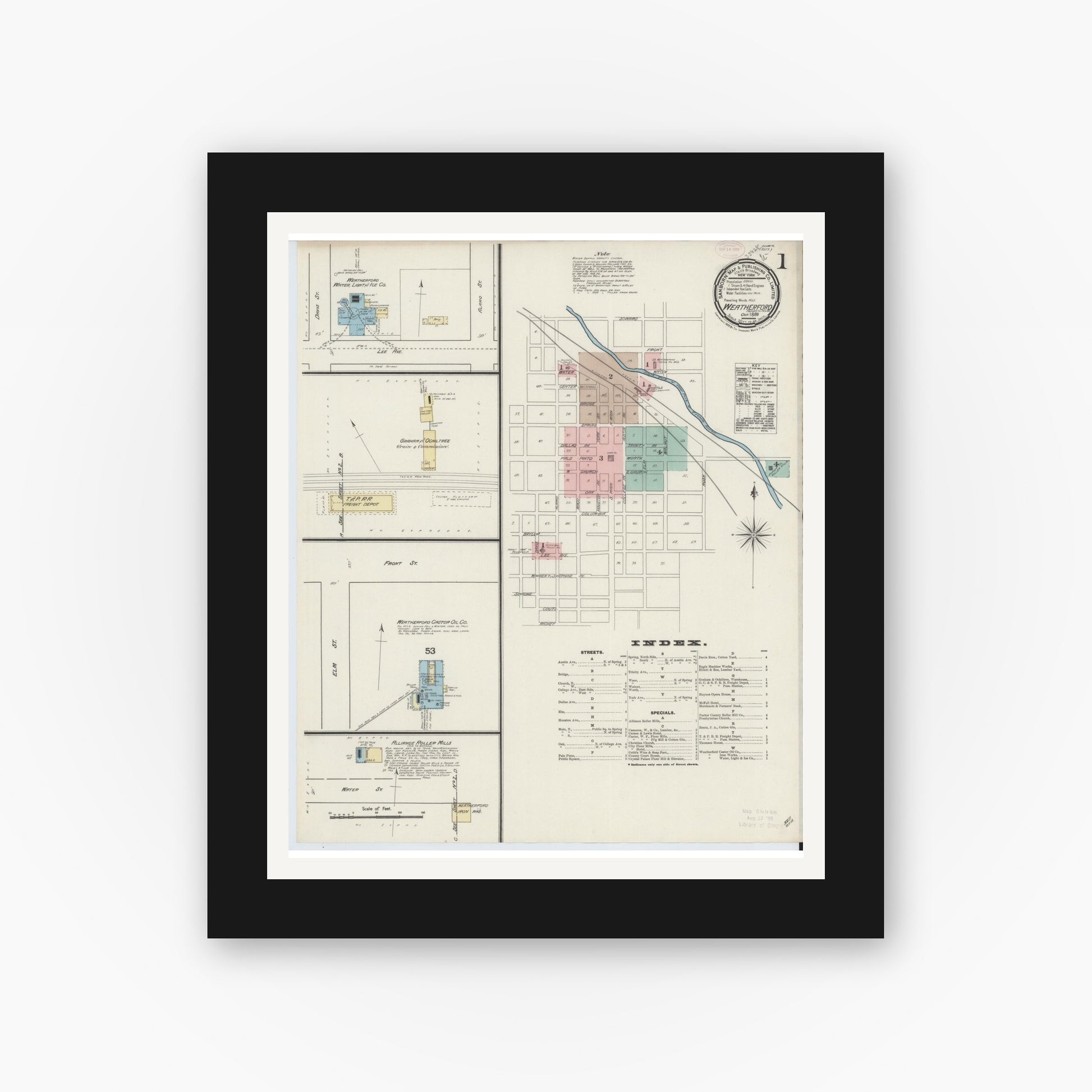 Old map wall art mockup — black gallery frame with white mat — Sanborn Fire Insurance Map from Weatherford, Parker County, Texas (1889), Sheet #0001