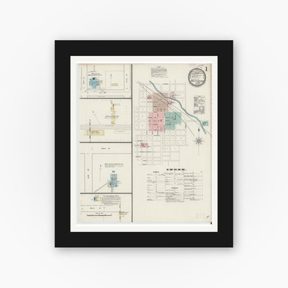 Old map wall art mockup — black gallery frame with white mat — Sanborn Fire Insurance Map from Weatherford, Parker County, Texas (1889), Sheet #0001
