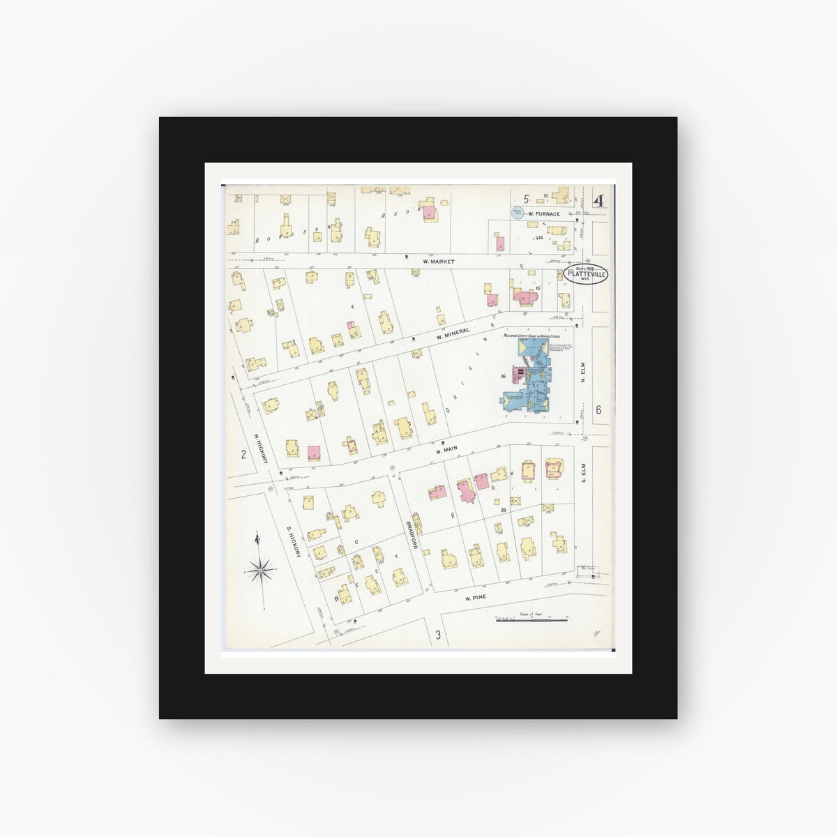 Old map wall art mockup — black gallery frame with white mat — Sanborn Fire Insurance Map from Platteville, Grant County, Wisconsin (1908), Sheet #0004