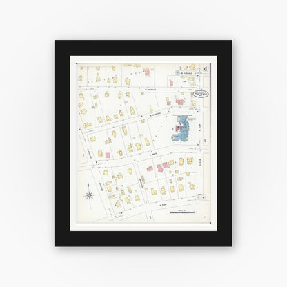 Old map wall art mockup — black gallery frame with white mat — Sanborn Fire Insurance Map from Platteville, Grant County, Wisconsin (1908), Sheet #0004