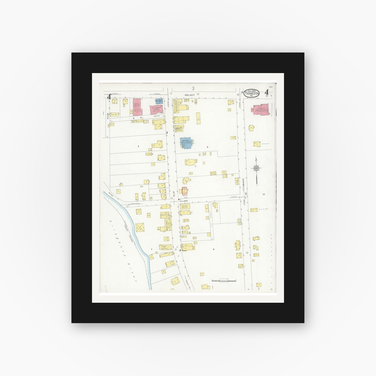 Old map wall art mockup — black gallery frame with white mat — Sanborn Fire Insurance Map from Tionesta, Forest County, Pennsylvania (1930), Sheet #0004