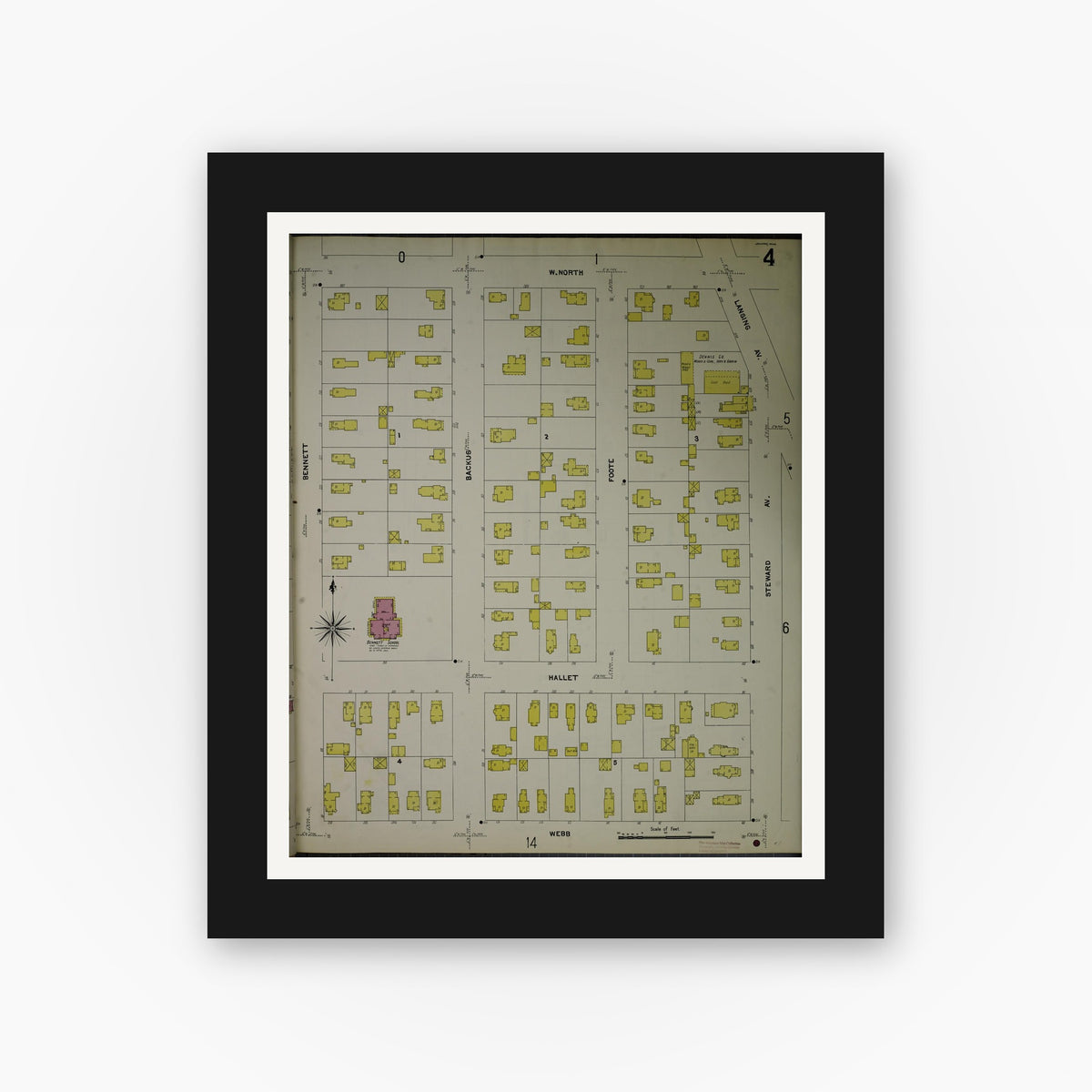 Old map wall art mockup — black gallery frame with white mat — Sanborn Fire Insurance Map from Jackson, Jackson County, Michigan (1907), Sheet #0004