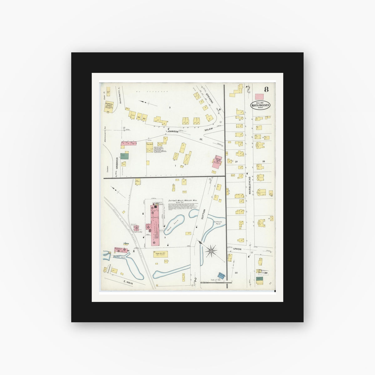 Old map wall art mockup — black gallery frame with white mat — Sanborn Fire Insurance Map from North Andover, Essex County, Massachusetts (1909), Sheet #0008