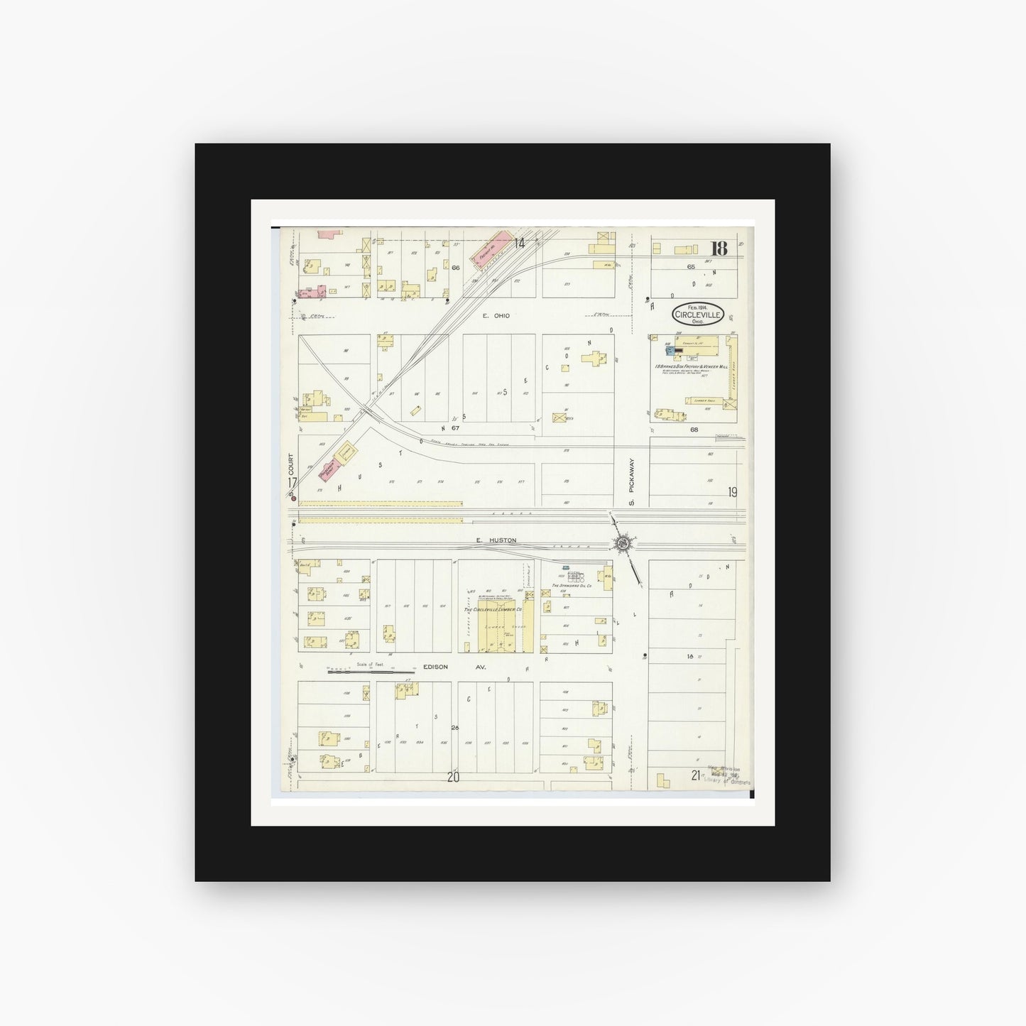 Old map wall art mockup — black gallery frame with white mat — Sanborn Fire Insurance Map from Circleville, Pickaway County, Ohio (1914), Sheet #0018