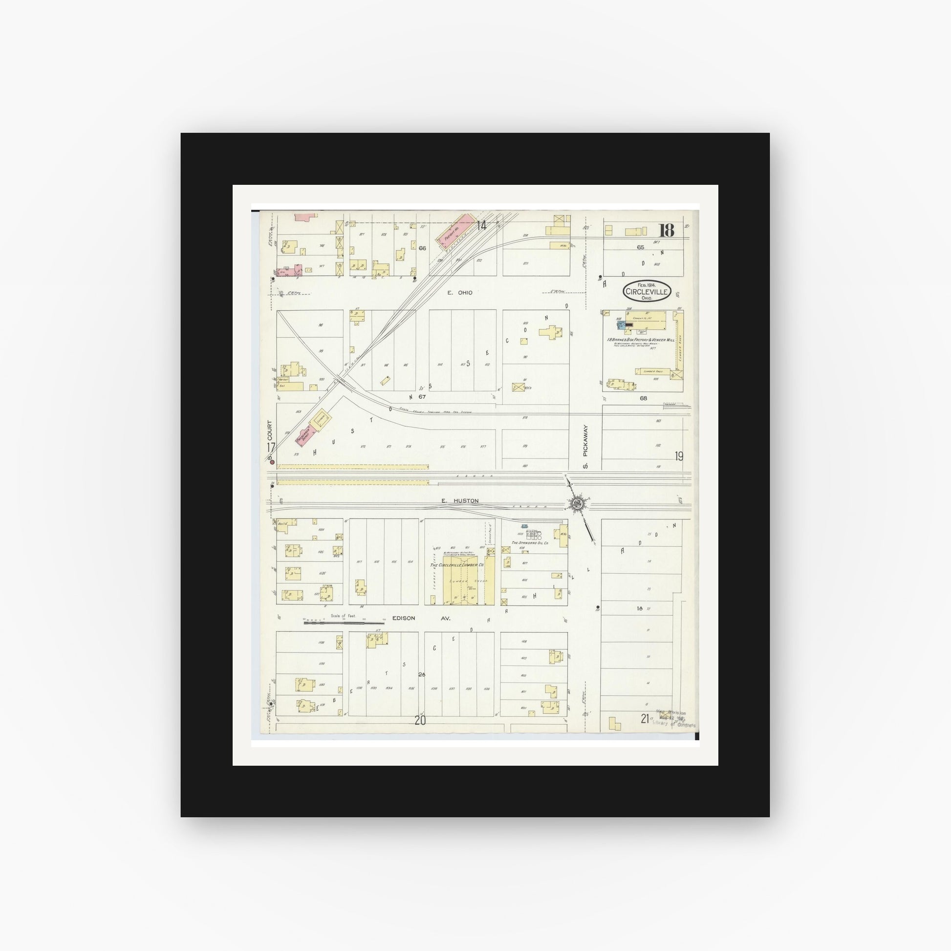 Old map wall art mockup — black gallery frame with white mat — Sanborn Fire Insurance Map from Circleville, Pickaway County, Ohio (1914), Sheet #0018