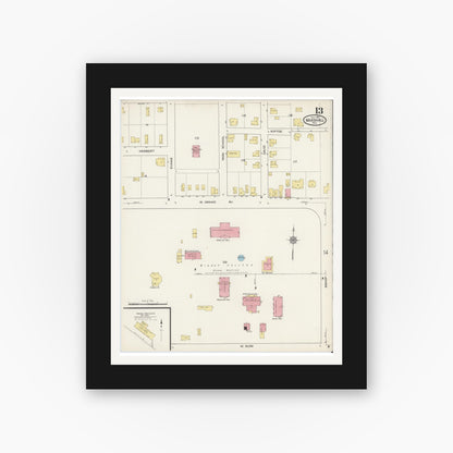 Old map wall art mockup — black gallery frame with white mat — Sanborn Fire Insurance Map from Marshall, Harrison County, Texas (1915), Sheet #0013