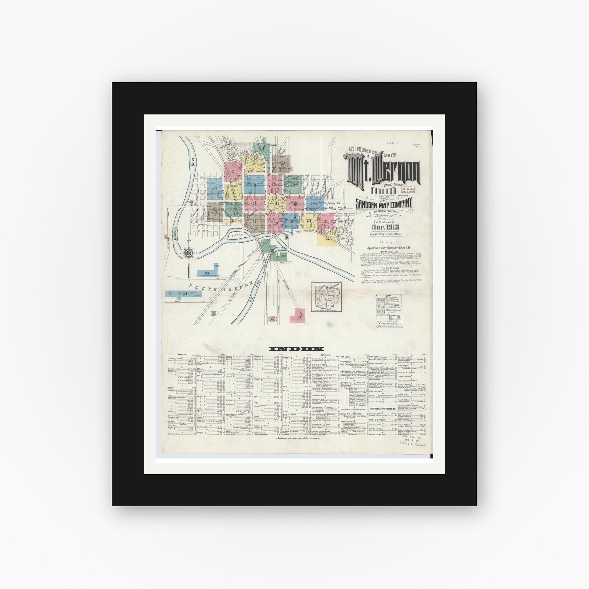 Old map wall art mockup — black gallery frame with white mat — Sanborn Fire Insurance Map from Mount Vernon, Knox County, Ohio (1913) - Complete Map Set