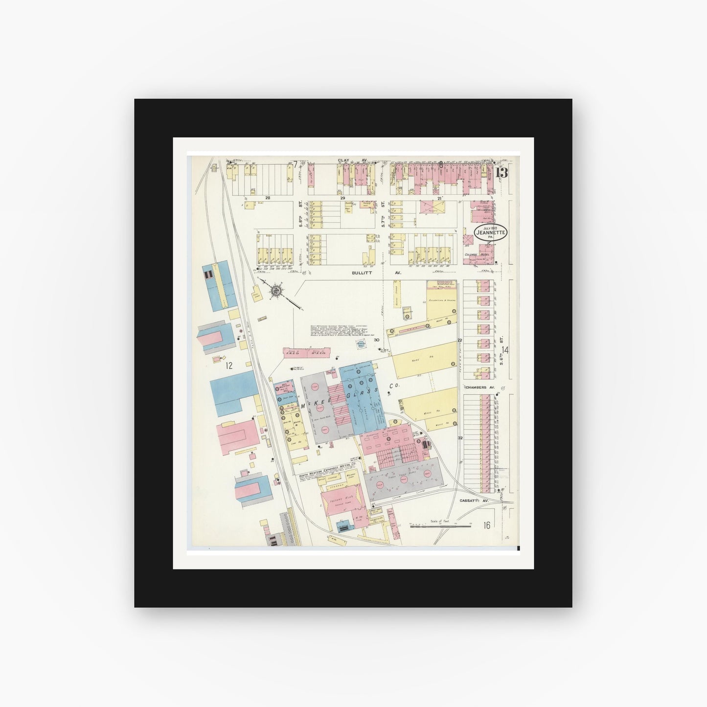 Old map wall art mockup — black gallery frame with white mat — Sanborn Fire Insurance Map from Jeannette, Westmoreland County, Pennsylvania (1910), Sheet #0013