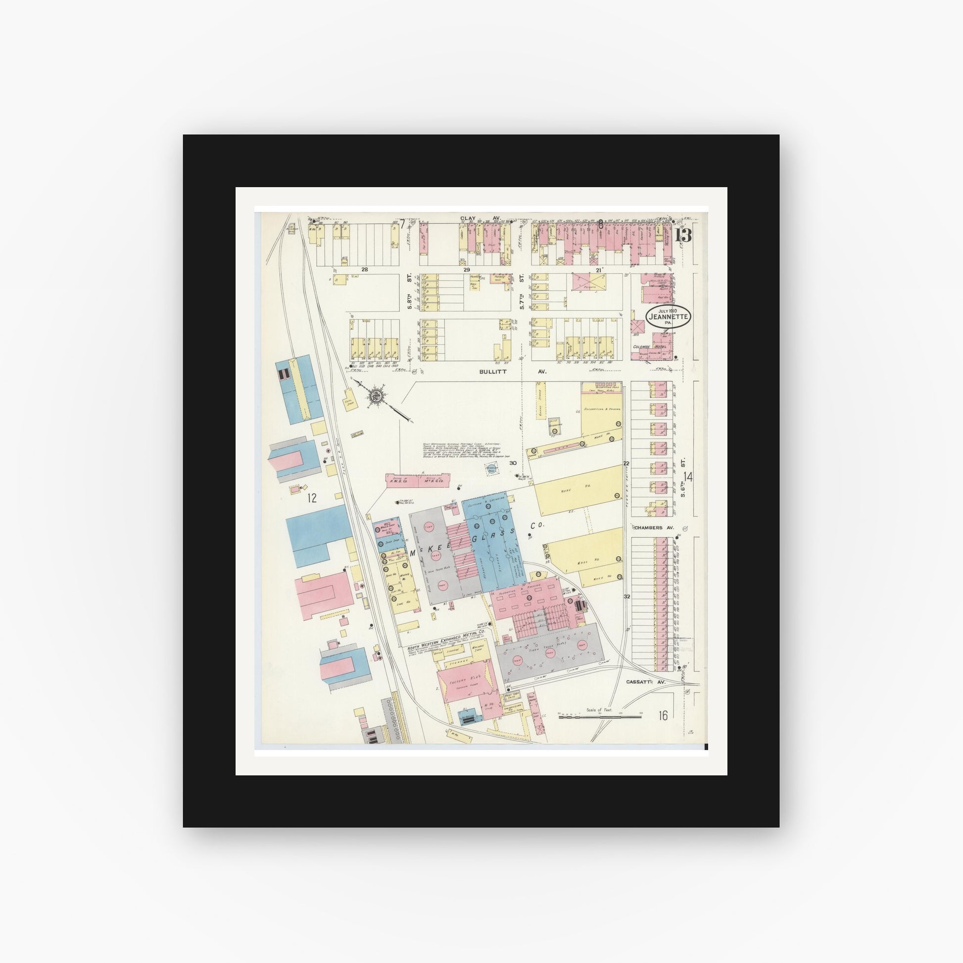 Old map wall art mockup — black gallery frame with white mat — Sanborn Fire Insurance Map from Jeannette, Westmoreland County, Pennsylvania (1910), Sheet #0013