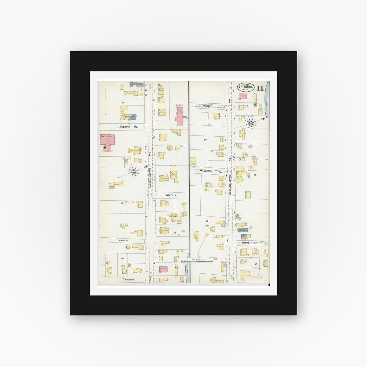 Old map wall art mockup — black gallery frame with white mat — Sanborn Fire Insurance Map from Arlington, Middlesex County, Massachusetts (1903), Sheet #0011