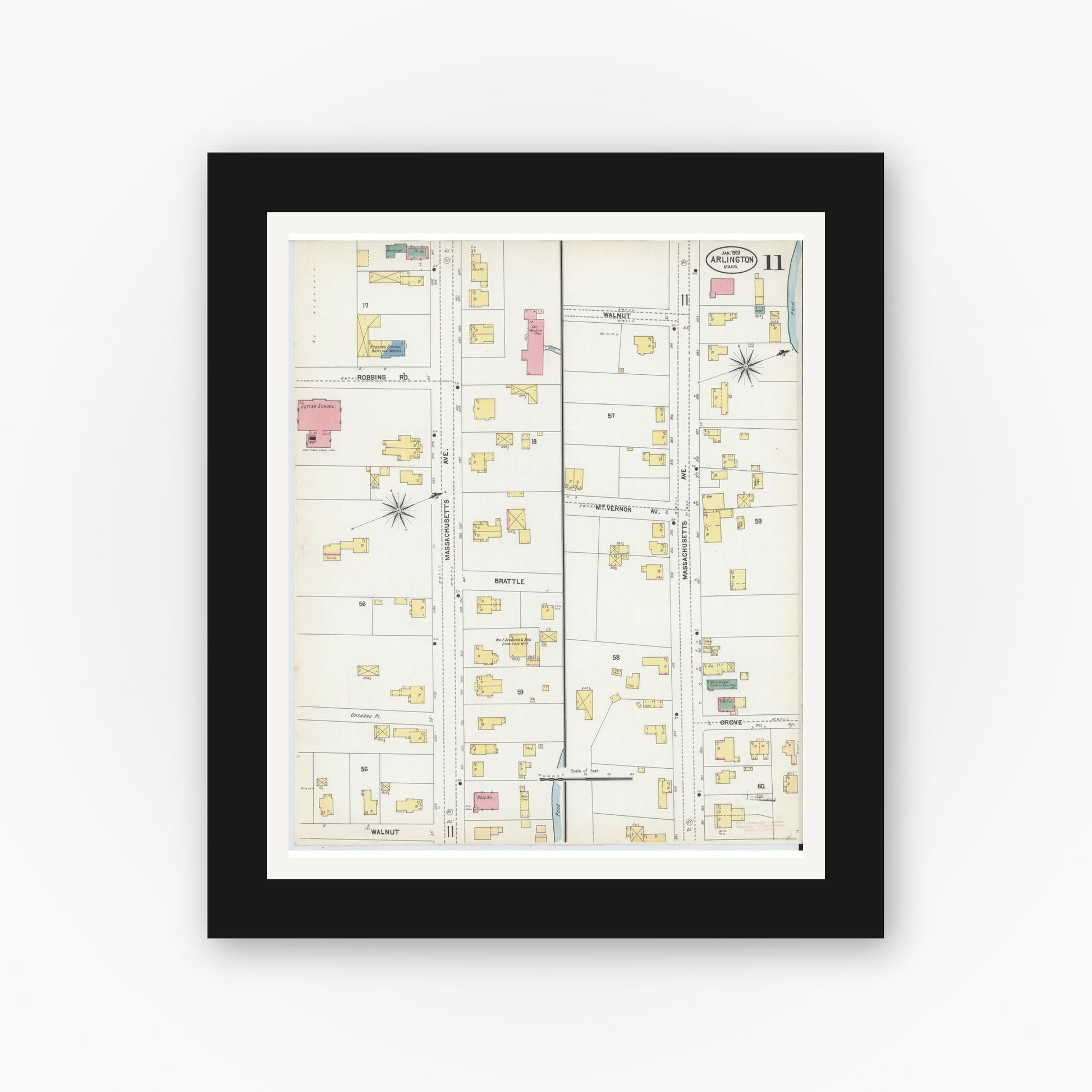 Old map wall art mockup — black gallery frame with white mat — Sanborn Fire Insurance Map from Arlington, Middlesex County, Massachusetts (1903), Sheet #0011
