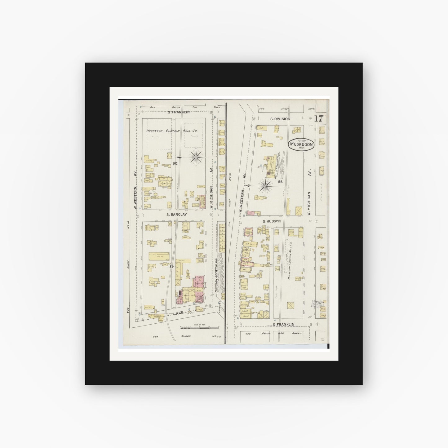 Old map wall art mockup — black gallery frame with white mat — Sanborn Fire Insurance Map from Muskegon, Muskegon County, Michigan (1887), Sheet #0017