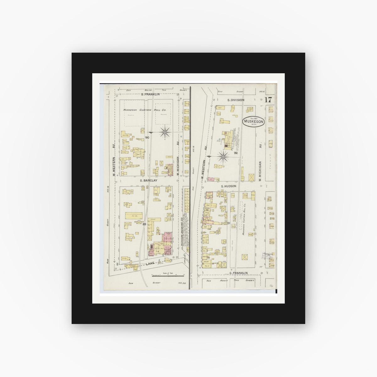 Old map wall art mockup — black gallery frame with white mat — Sanborn Fire Insurance Map from Muskegon, Muskegon County, Michigan (1887), Sheet #0017
