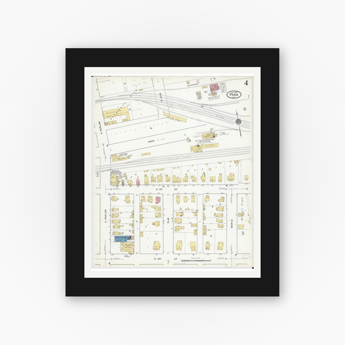 Old map wall art mockup — black gallery frame with white mat — Sanborn Fire Insurance Map from Pana, Christian County, Illinois (1916), Sheet #0004