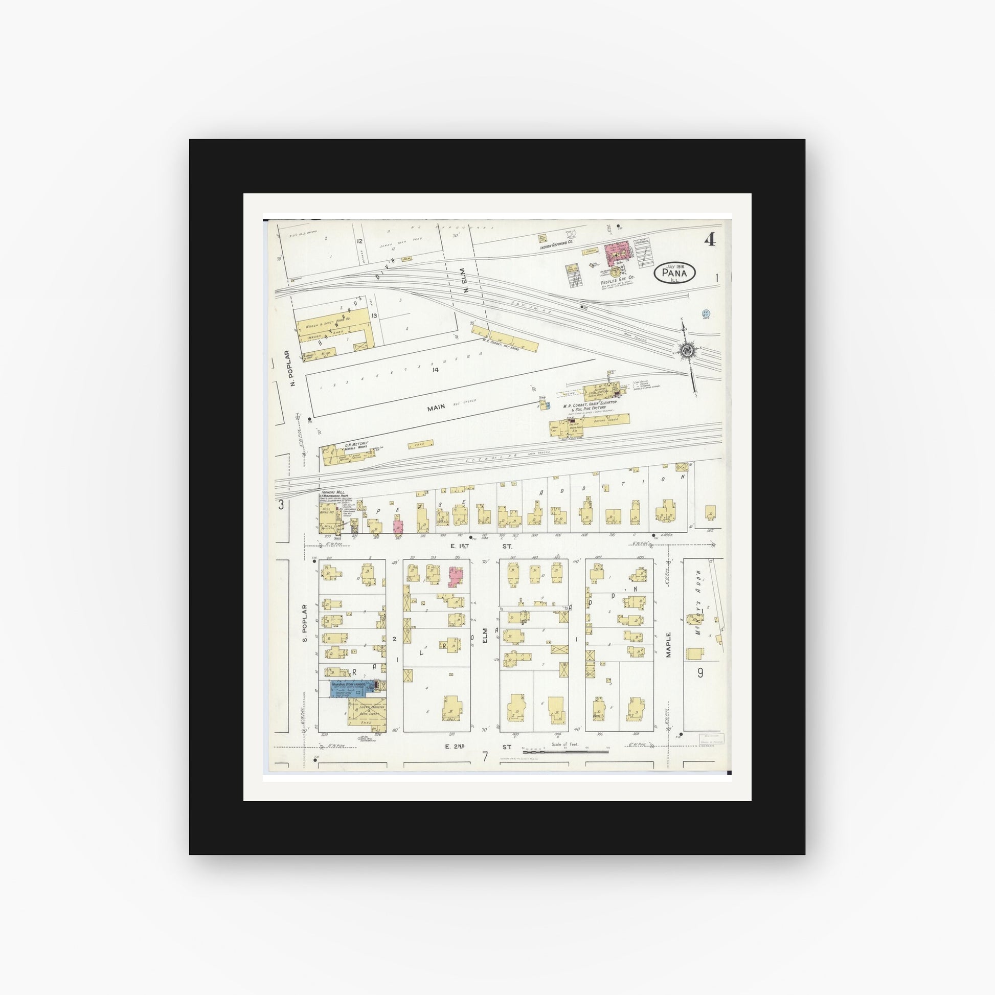 Old map wall art mockup — black gallery frame with white mat — Sanborn Fire Insurance Map from Pana, Christian County, Illinois (1916), Sheet #0004