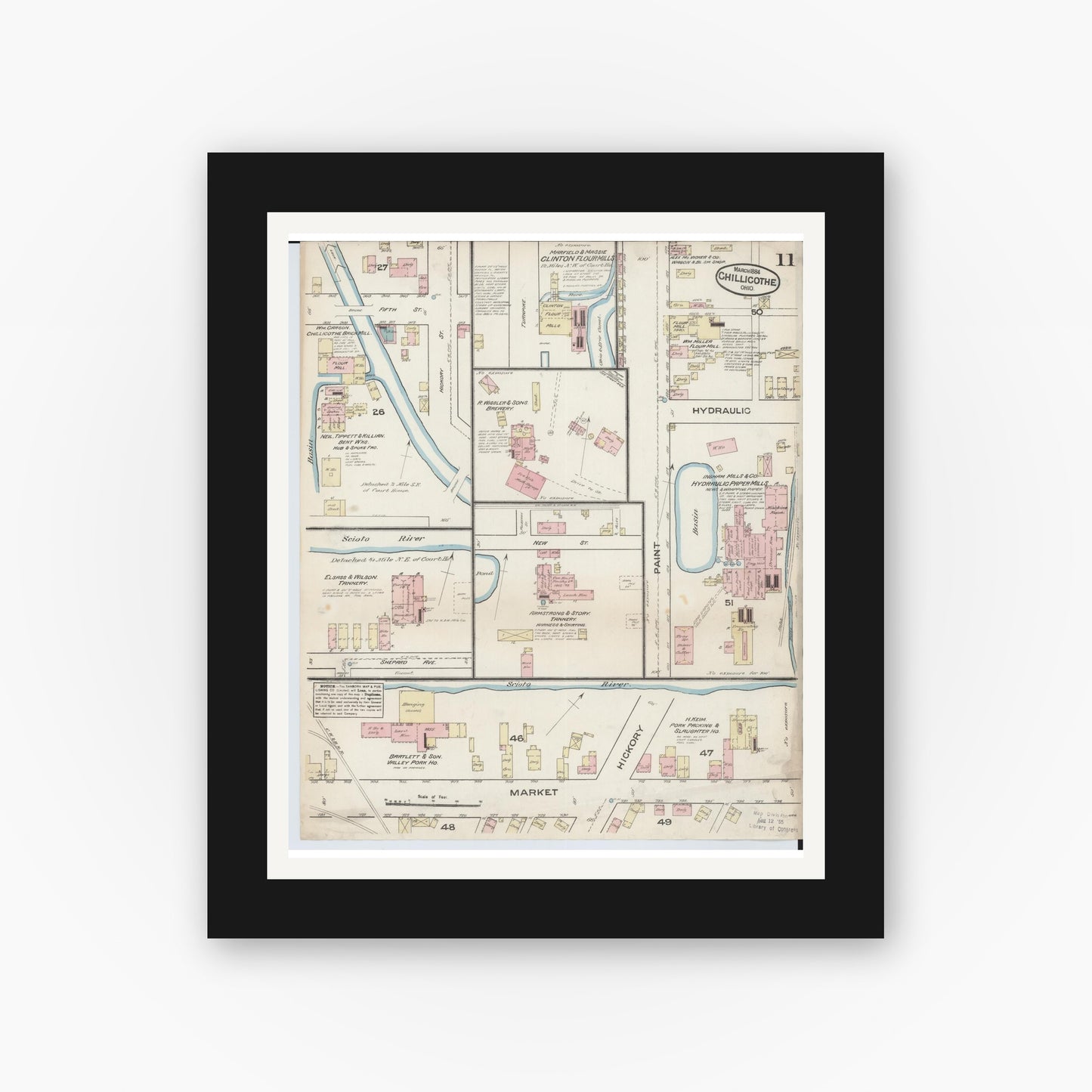Old map wall art mockup — black gallery frame with white mat — Sanborn Fire Insurance Map from Chillicothe, Ross County, Ohio (1884), Sheet #0011