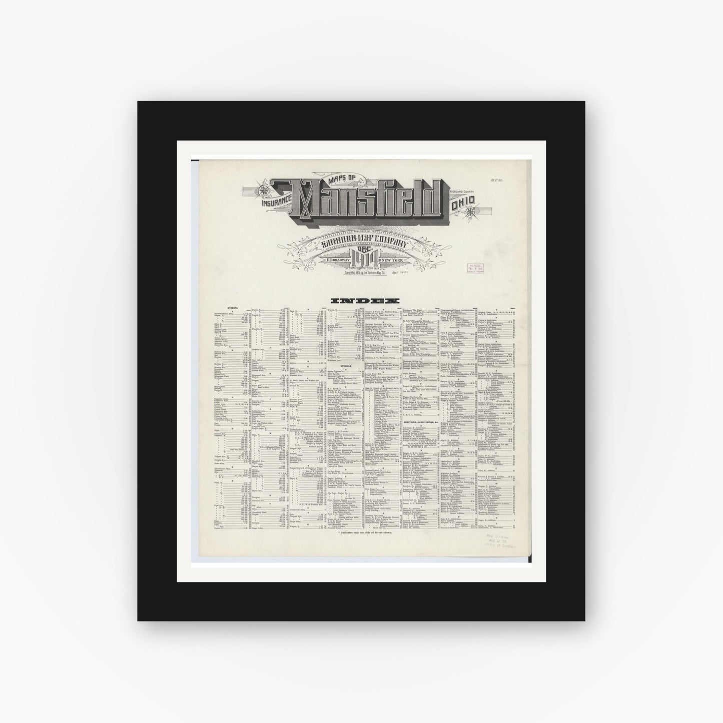 Old map wall art mockup — black gallery frame with white mat — Sanborn Fire Insurance Map from Mansfield, Richland County, Ohio (1914), Sheet #0001