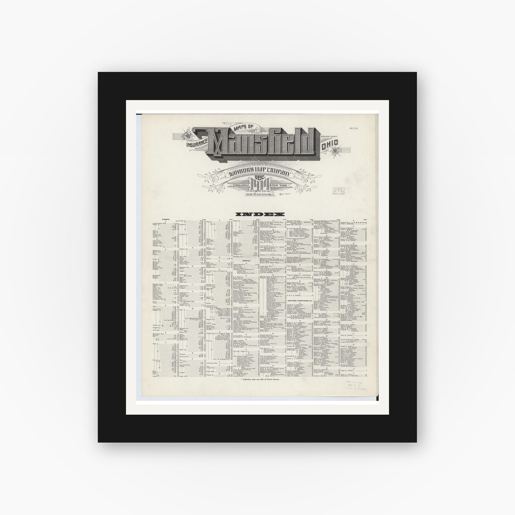 Old map wall art mockup — black gallery frame with white mat — Sanborn Fire Insurance Map from Mansfield, Richland County, Ohio (1914), Sheet #0001