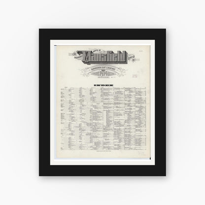 Old map wall art mockup — black gallery frame with white mat — Sanborn Fire Insurance Map from Mansfield, Richland County, Ohio (1914), Sheet #0001