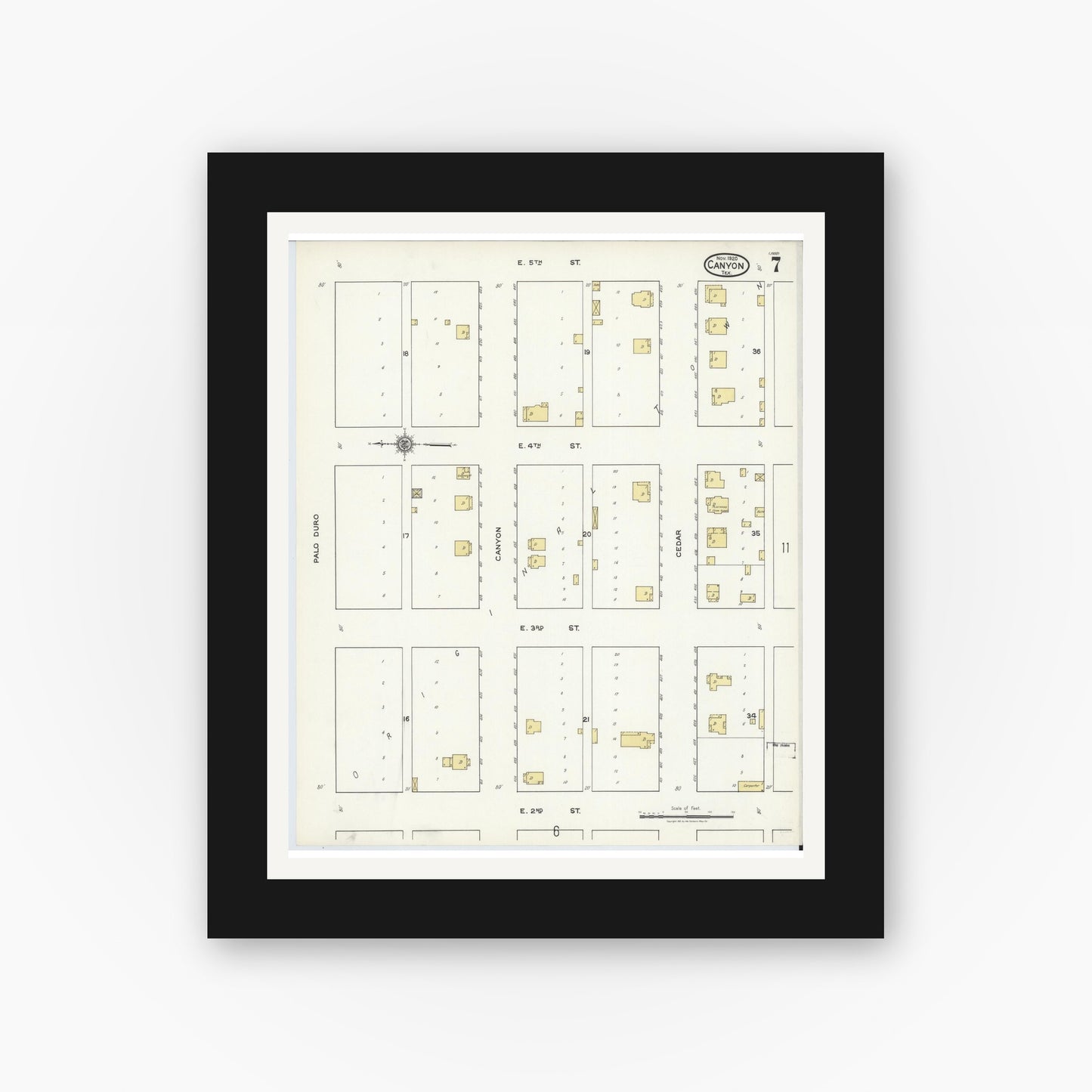 Old map wall art mockup — black gallery frame with white mat — Sanborn Fire Insurance Map from Canyon, Randall County, Texas (1920), Sheet #0007