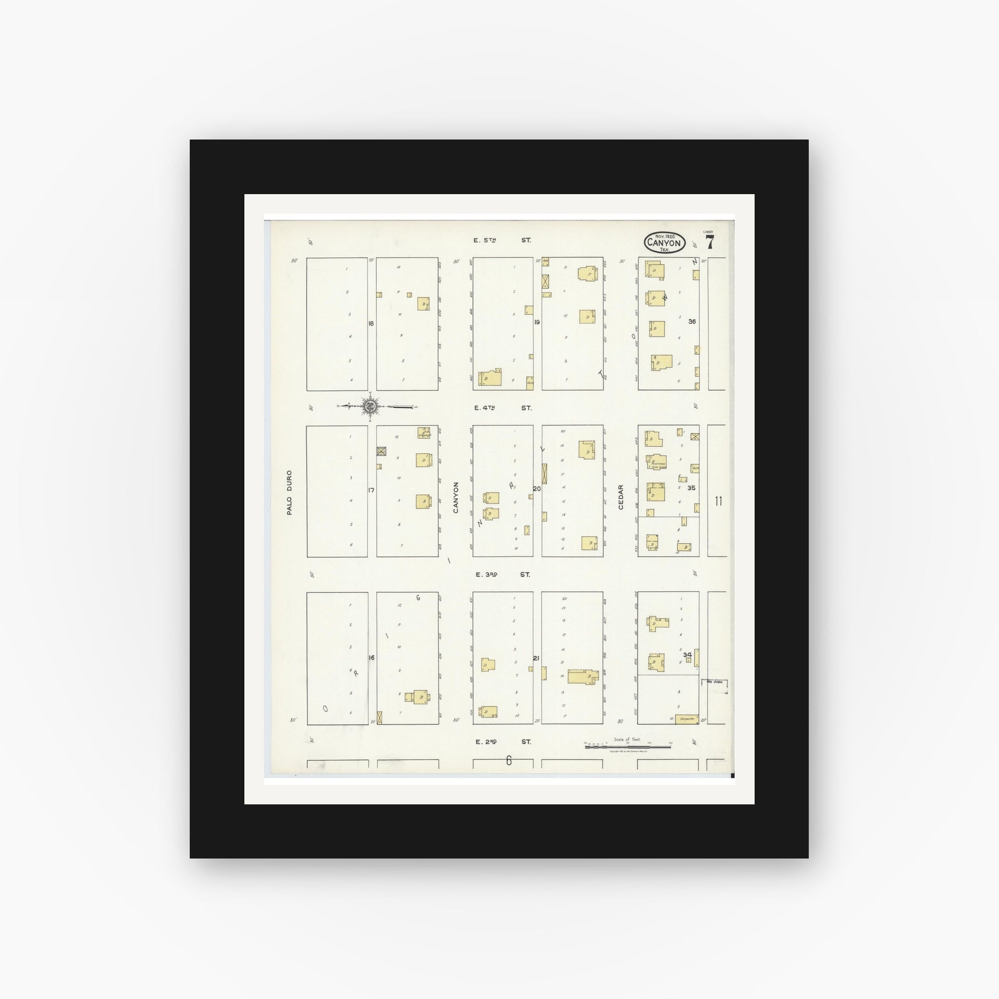 Old map wall art mockup — black gallery frame with white mat — Sanborn Fire Insurance Map from Canyon, Randall County, Texas (1920), Sheet #0007