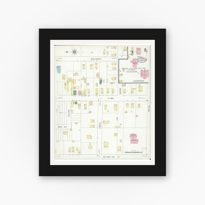 Old map wall art mockup — black gallery frame with white mat — Sanborn Fire Insurance Map from Elmhurst, Du Page County, Illinois (1909), Sheet #0002