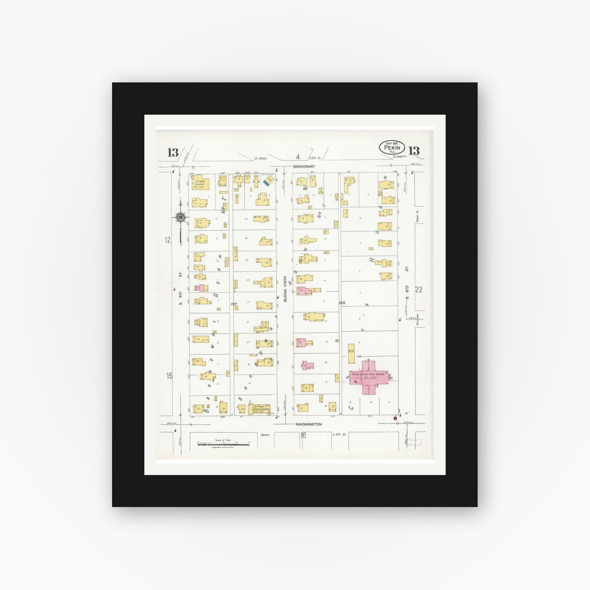 Old map wall art mockup — black gallery frame with white mat — Sanborn Fire Insurance Map from Pekin, Tazewell County, Illinois (1925), Sheet #0013